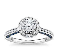 Sapphire Profile and Diamond Halo Engagement Ring in 14k White Gold (1/2 ct. tw.)